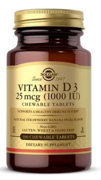Miniatura de Solgar Vitamina D3 1000 UI 100 comprimidos mastigáveis sabor natural de morango e banana, essencial para um sistema imunitário, ossos e dentes saudáveis.