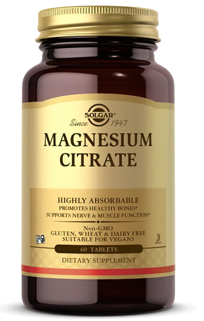 Um frasco de Solgar Magnesium Citrate 420 mg 60 comprimidos.