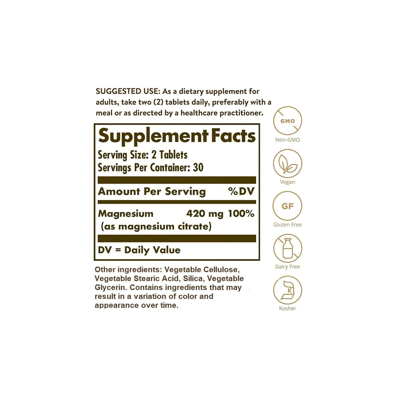 Um rótulo para o suplemento Solgar Magnesium Citrate 420 mg 60 tablets que contém vitaminas e minerais.