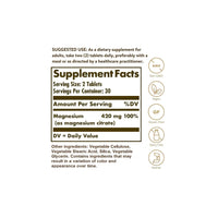 Miniatura de um rótulo do suplemento Solgar Magnesium Citrate 420 mg 60 tablets que contém vitaminas e minerais.