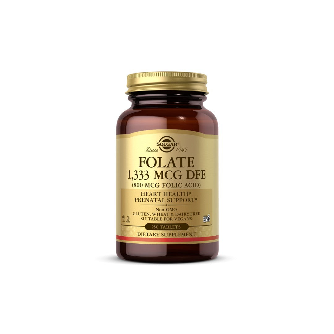 A bottle of Solgar brand Folate 1,333 mcg DFE (800 mcg Folic Acid) 250 Tablets dietary supplement, emphasizing prenatal health support and heart health, suitable for vegans, gluten-free.