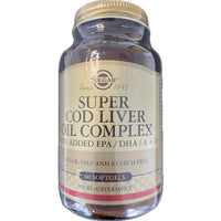 Thumbnail for A bottle of Super Cod Liver Oil Complex 60 Softgels from Solgar, containing 60 softgels packed with Omega-3 Fatty Acids, EPA, DHA, vitamins A and D3. The label states it is sugar, salt, and starch free.