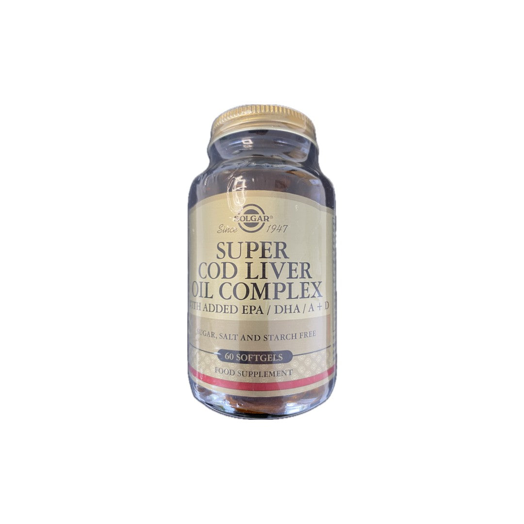A bottle of Solgar Super Cod Liver Oil Complex 60 Softgels, enriched with Omega-3 Fatty Acids, EPA, DHA, vitamins A and D3. The label highlights that it's sugar, salt, and starch free. Contains 60 softgels.