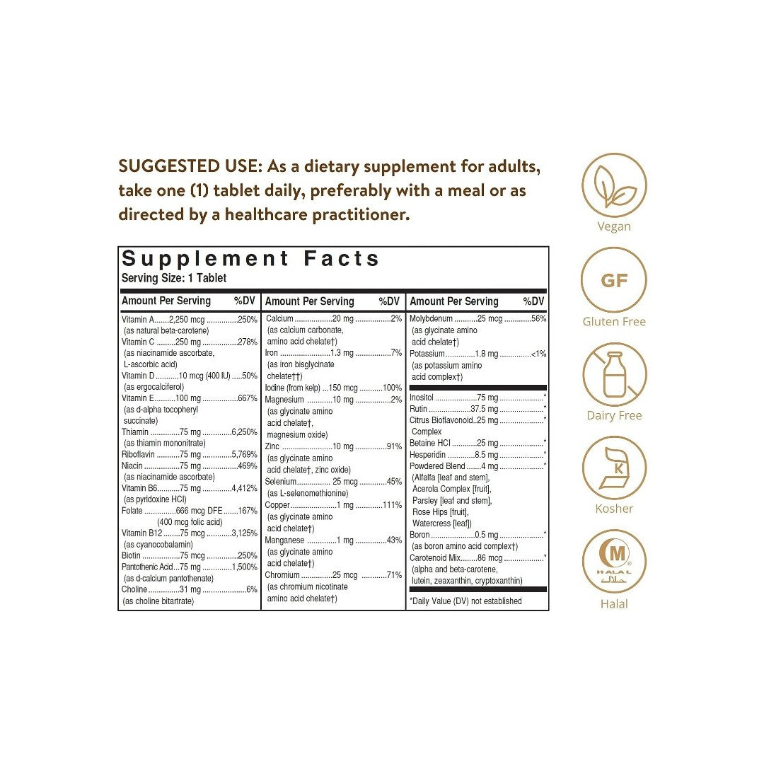 A label showing the ingredients of Solgar Formula VM-75 60 Tablets made with eco-friendly materials.