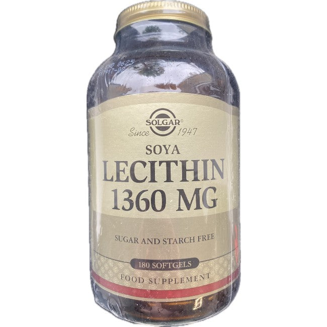 A bottle of Solgar Soya Lecithin 1360 mg 180 Softgels, promotes heart function and brain health. The label states it is sugar and starch-free and is a food supplement.