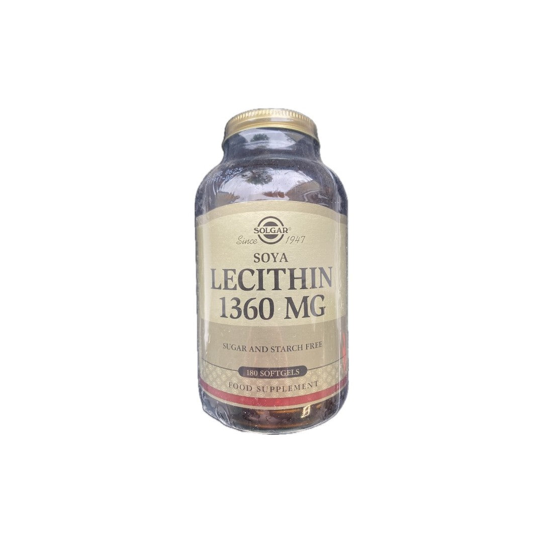 A bottle of Solgar Soya Lecithin 1360 mg 180 Softgels. Perfect for supporting brain health and heart function, the label indicates it is sugar and starch free, making it an excellent food supplement.
