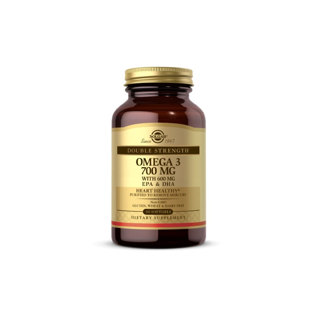 A brown bottle labeled "Solgar Double Strength Omega-3 700 mg 60 Softgels, with 600 MG EPA & DHA, Healthy Heart and Cognitive Function, Dietary Supplement." The bottle features a gold and white label.