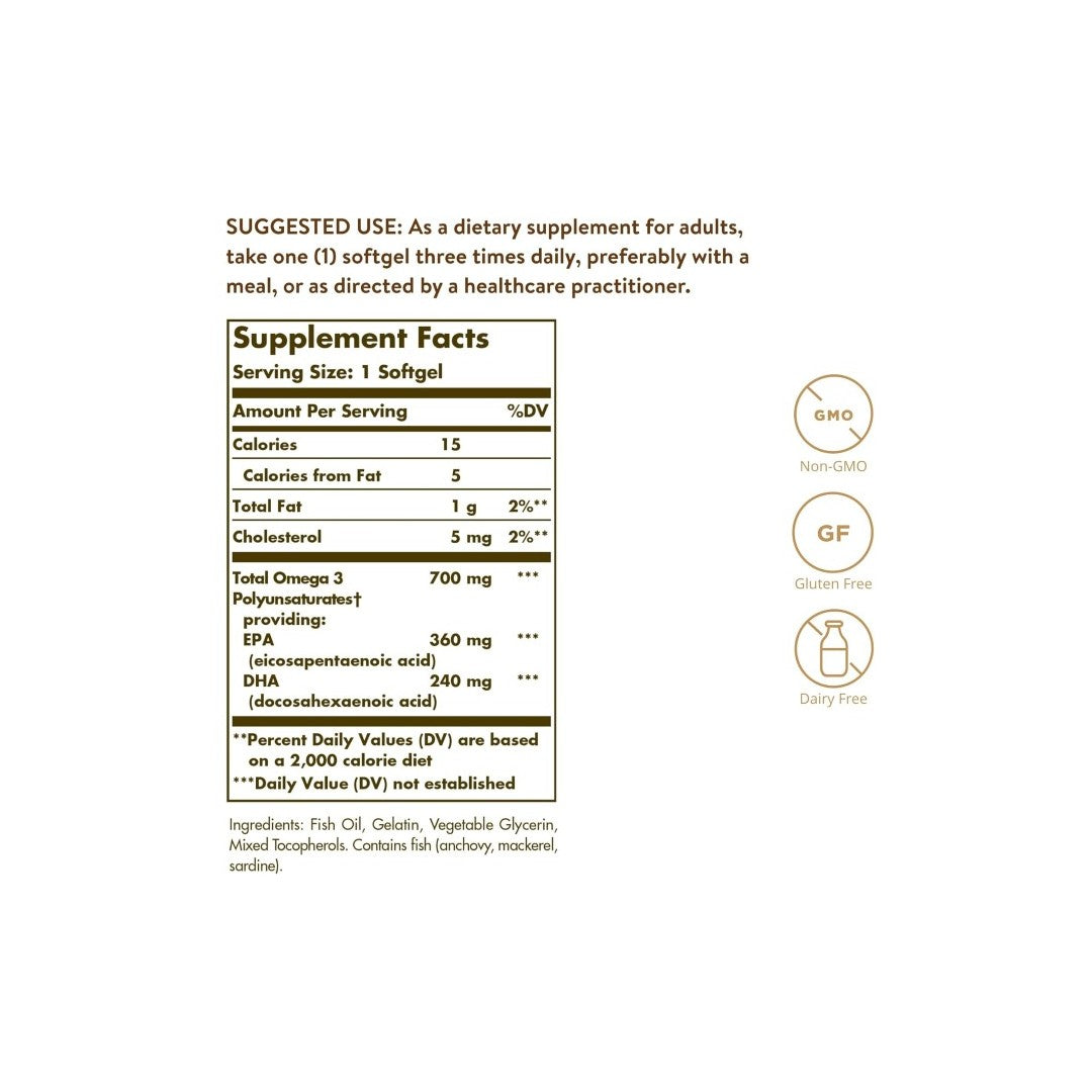 Supplement facts label for Solgar Double Strength Omega-3 700 mg 60 Softgels. Indicates serving size, nutritional information, suggested use, and dietary attributes: Non-GMO, Gluten Free. Ingredients include fish oil for Omega-3 benefits that support heart health and cognitive function.
