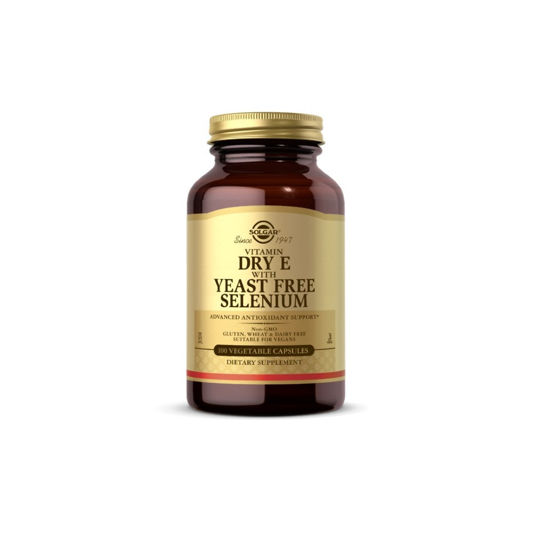 A brown bottle labeled "Dry Vitamin E with Yeast-Free Selenium 100 Vegetable Capsules" from Solgar, known for its powerful antioxidants, is shown against a white background.