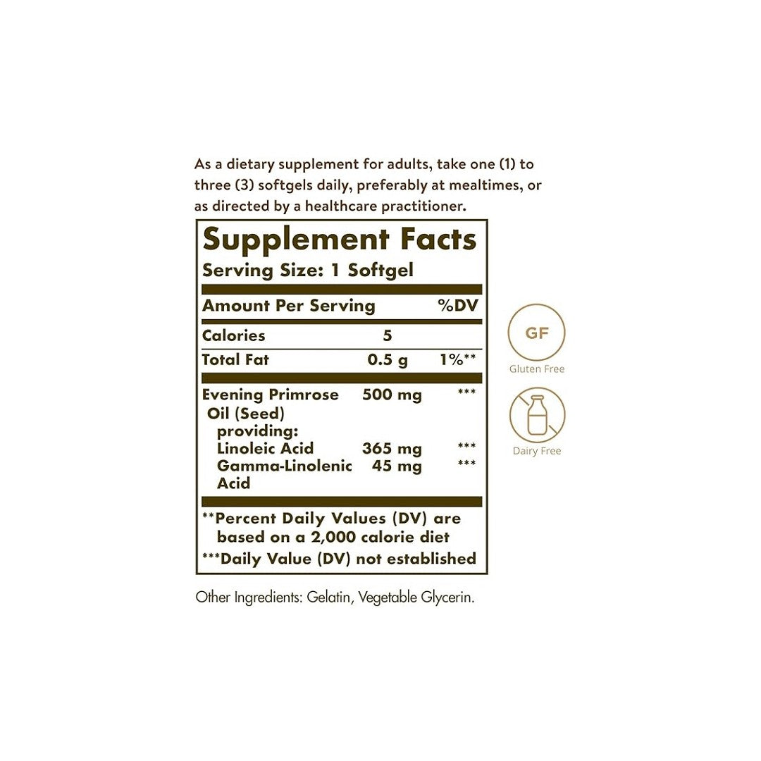A label for Solgar Evening Primrose Oil 500 mg 180 Softgels dietary supplement listing serving size, nutritional values, allergen information, and immune system support, including being gluten and dairy-free.
