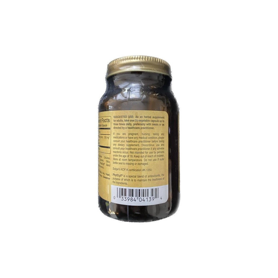 An Solgar SFP Rhodiola Root Extract 350 mg 60 Vegetable Capsules with a label on it.