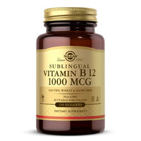 Thumbnail for A bottle of Solgar Vitamin B12 (Cyanocobalamin) 1000 mcg 250 Nuggets dietary supplement. The label indicates it is gluten, wheat, and dairy-free, non-GMO, and suitable for vegans. This powerful formula supports energy production and promotes nervous system health.