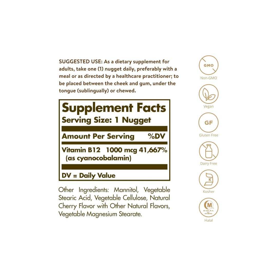 Supplement facts label for Solgar's Vitamin B12 (Cyanocobalamin) 1000 mcg 250 Nuggets. One nugget serving provides 1000 mcg of Vitamin B12 (41,667% DV), essential for energy production and nervous system support. Ingredients include vegetable stearic acid, vegetable glycerin, and natural cherry flavor.