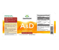 Thumbnail for Label of Swanson's Vitamins A (1500 mcg) and D (10 mcg), highlighting dosage information, supplement facts, suggested use, vision health benefits, immune system function support, and company contact details. Contains 250 softgels.