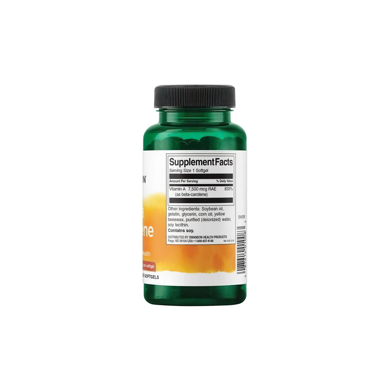 Um frasco de suplemento alimentar de Swanson Beta-Carotene - 25000 IU 300 softgels Vitamin A sobre um fundo branco.