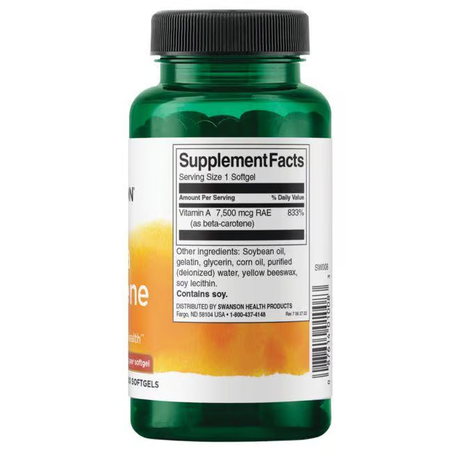 A green bottle of Swanson's Beta-Carotene (Vitamin A) 25000 IU 300 Softgels supports vision health, featuring a clear supplement facts label.