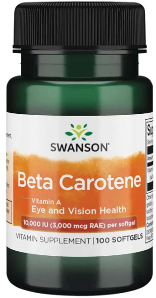 Swanson Beta-Caroteno é um suplemento alimentar que fornece 10000 UI de vitamina A em 100 cápsulas de gelatina mole.