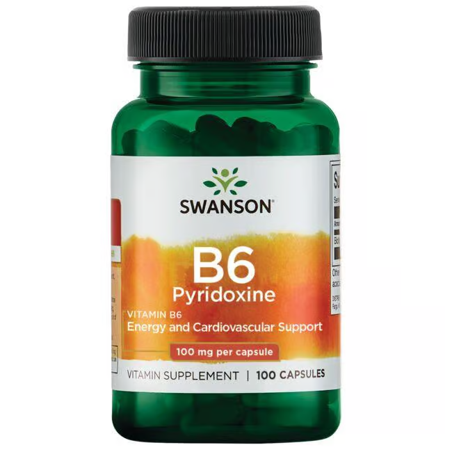 A bottle of Swanson's Vitamin B6 Pyridoxine, featuring 100 capsules at 100 mg each, is designed to support energy metabolism and enhance cardiovascular health.