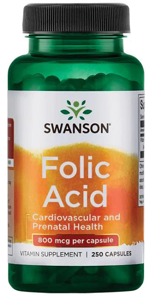 Um frasco de Swanson Folic Acid - 800 mcg 250 cápsulas.