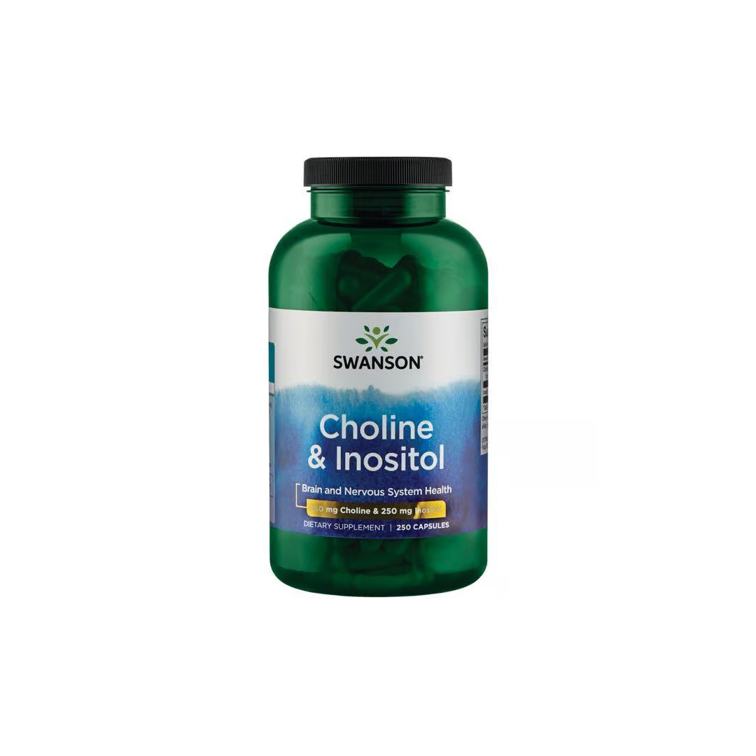 Swanson's Choline & Inositol dietary supplement provides mood support with 250 mg of choline per capsule and comes in a bottle containing 250 capsules.