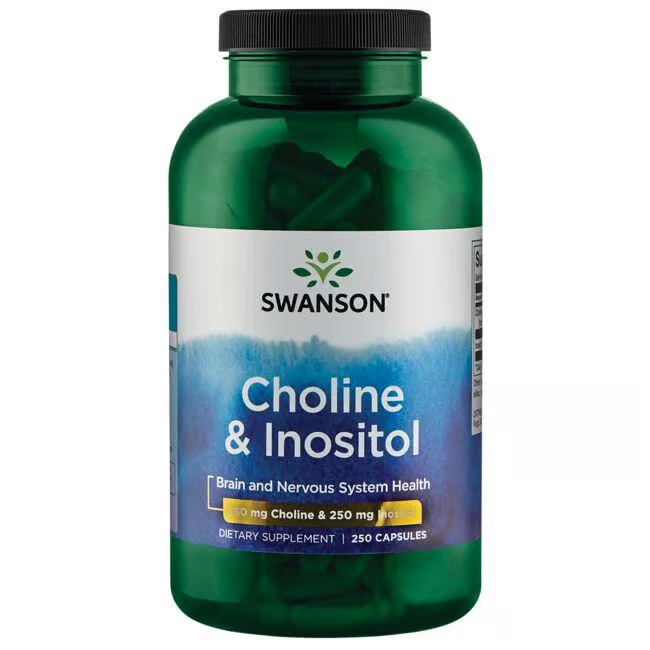 A green bottle of Swanson's Choline & Inositol 250 Capsules dietary supplement, designed for brain, nervous system health, and mood support.