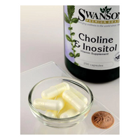 Thumbnail for A bowl of white capsules is next to a penny, in front of a Swanson Choline & Inositol 250 Capsules bottle. This powerful blend is formulated for mood support, providing essential nutrients to help you feel your best.