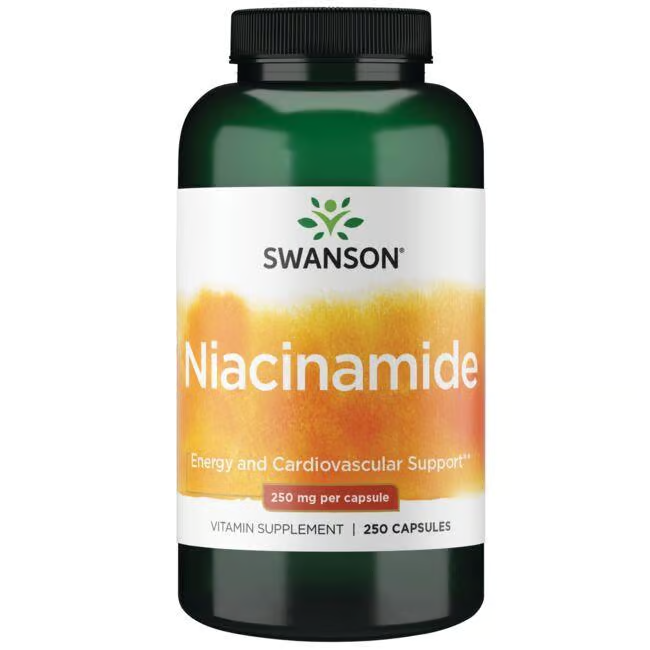 Swanson's Vitamin B-3 Niacinamide offers 250 capsules, each with 250 mg. This dietary supplement supports energy and cardiovascular health, aids carbohydrate metabolism, and promotes joint health.