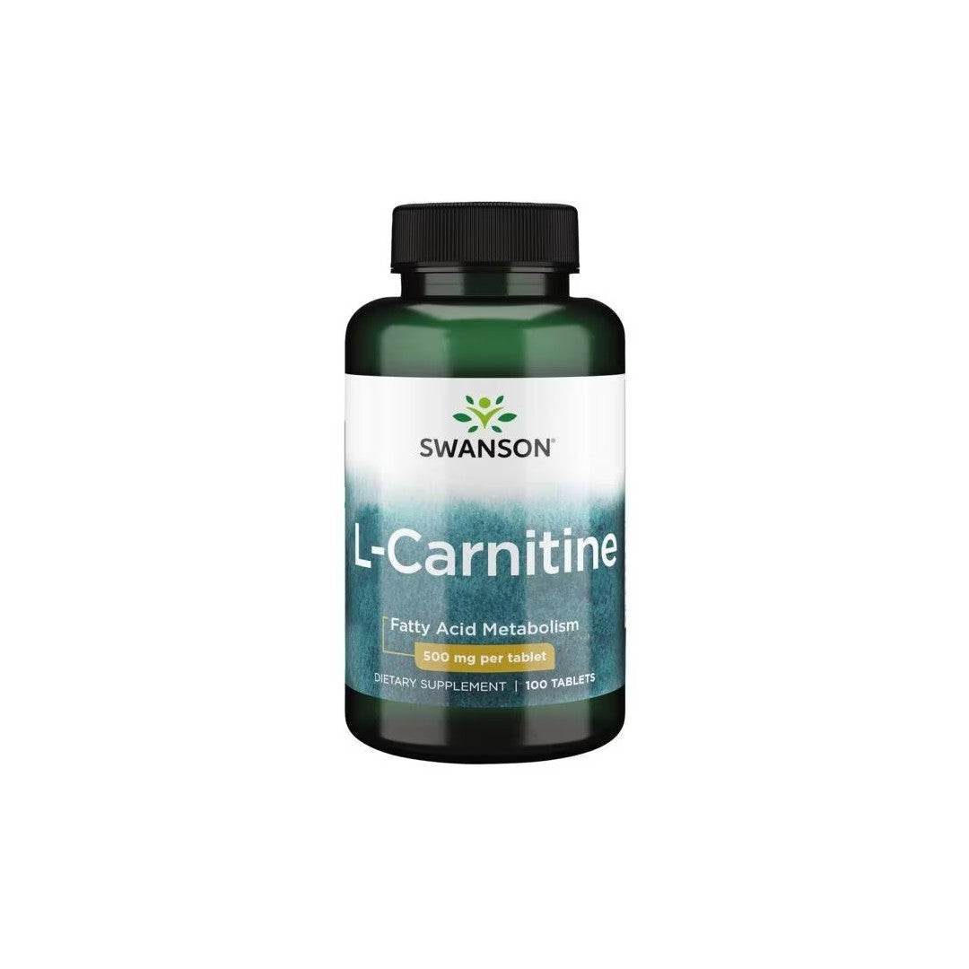 A bottle of Swanson L-Carnitine 500 mg 100 Tablets dietary supplement for fat burning and enhanced physical performance, with 500 mg per tablet, containing 100 tablets.