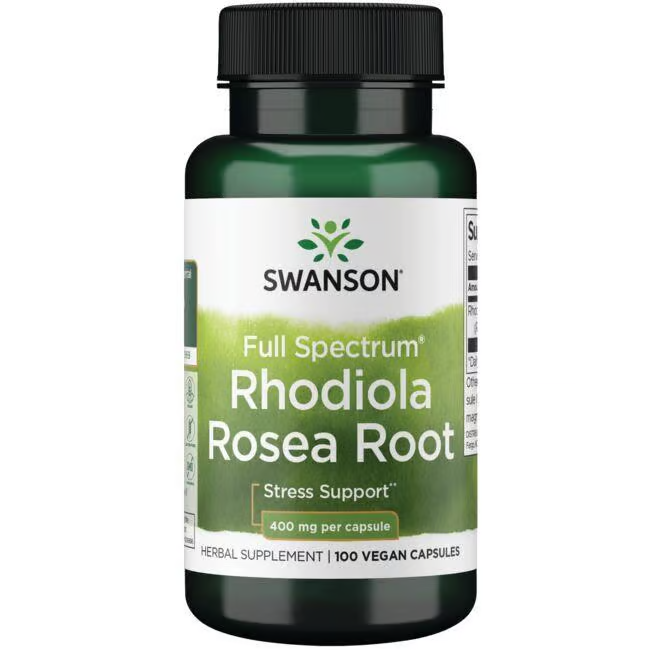 Swanson's Rhodiola Rosea Root, 400 mg per capsule, comes in a bottle of 100 capsules. This adaptogenic herb is designed to support stress relief.