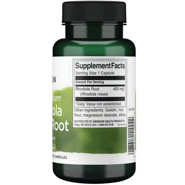 Swanson's Full Spectrum Rhodiola Rosea Root supplement features a green bottle label showing 400 mg per capsule. It includes 100 capsules and provides detailed supplement facts and product information.