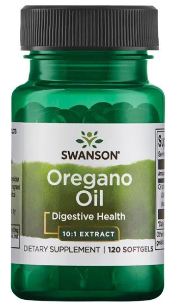 Um frasco de Swanson Oregano Oil - 150 mg 120 softgel, conhecido pelos seus efeitos benéficos no sistema imunitário e na saúde gastrointestinal.