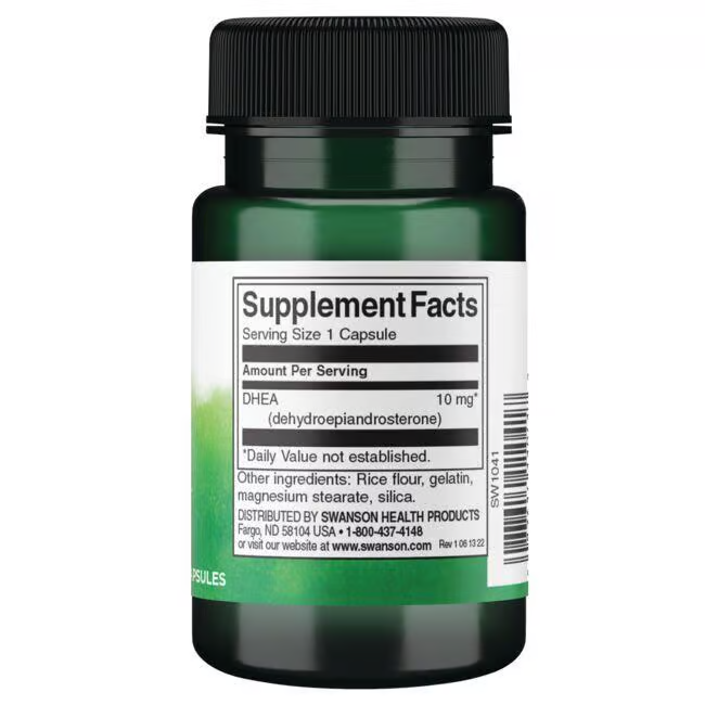 A green bottle of Swanson's DHEA - 10 mg capsules shows a supplement facts label. DHEA acts as a testosterone precursor, with ingredients including rice flour, gelatin, magnesium stearate, and silica.