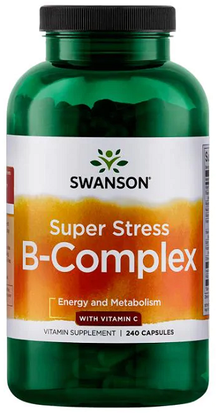 Um frasco de Swanson B-Complex com Vitamina C - 500 mg 240 cápsulas.