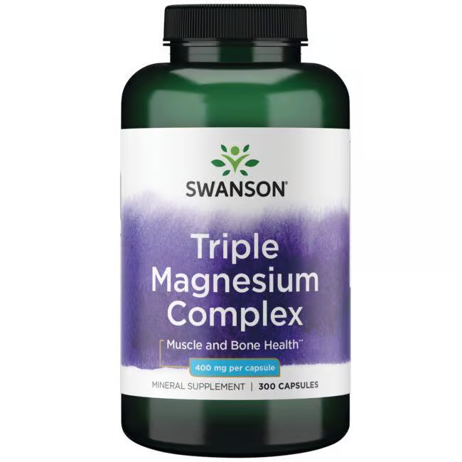 Green bottle of Swanson Triple Magnesium Complex, offering 300 capsules at 400 mg each, formulated to support optimal bone and muscle health.