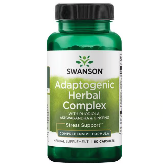 The Swanson Adaptogenic Complex features 60 capsules of herbal stress support with Rhodiola, Ashwagandha, and Ginseng for a balanced approach to relief.