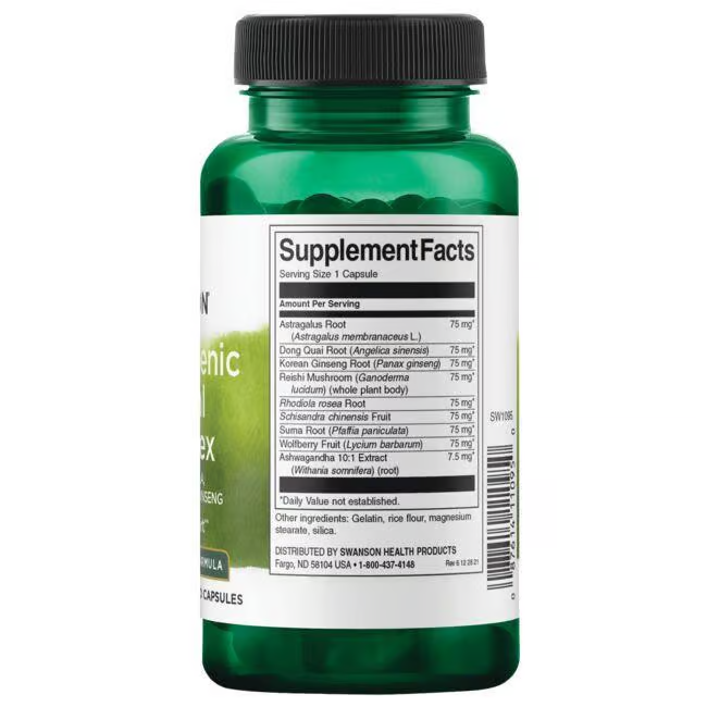 Swanson's Adaptogenic Complex features a green bottle with a white label. It includes Ashwagandha, Astragalus Root, Korean Ginseng, and Reishi Mushroom for wellness.