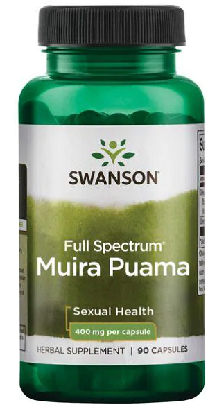 Um frasco de Swanson Full Spectrum Muira Puama - 400 mg 90 cápsulas.