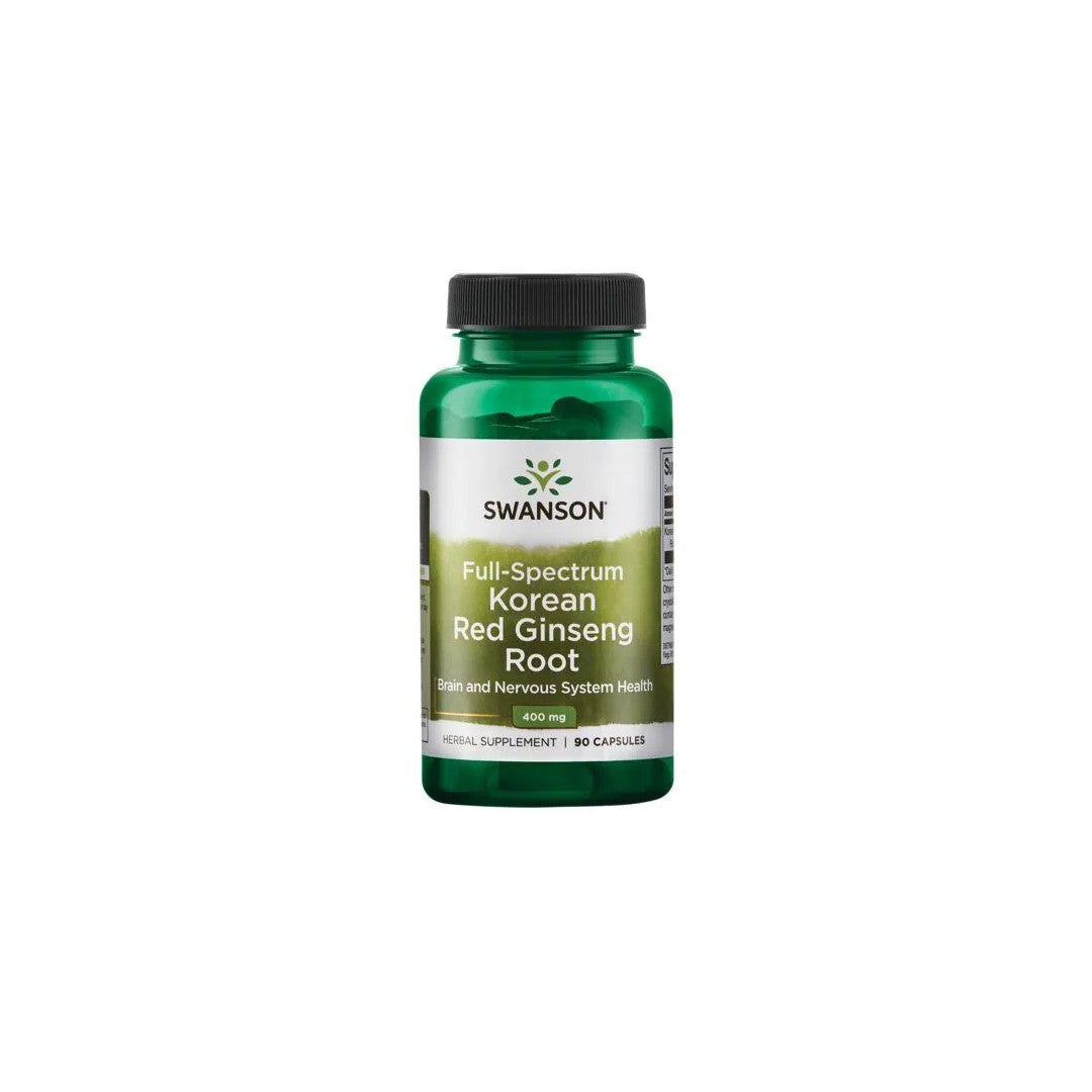 Green bottle of Swanson Full Spectrum Korean Red Ginseng Root 400 mg 90 Capsules, labeled for brain and nervous system health and energy support, containing 90 capsules.
