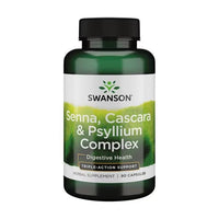 Thumbnail for A bottle of Swanson Senna, Cascara & Psyllium Complex 90 Capsules, labeled for digestive health and body detoxification with triple-action support from natural herbs.