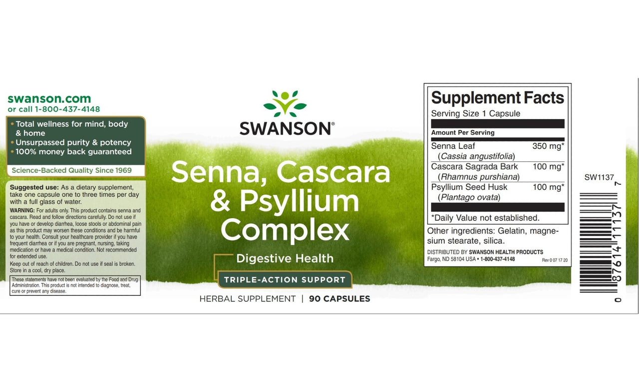 Label for Swanson Senna, Cascara & Psyllium Complex 90 Capsules herbal supplement, promoting digestive health and body detoxification. Displays product information, a list of natural herb ingredients, serving size details, and contact information.