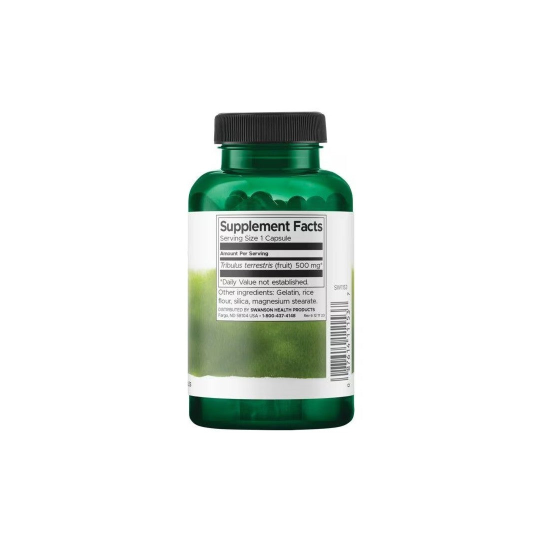 A green supplement bottle displaying nutritional information on the label for Swanson Tribulus Fruit 500 mg 90 Capsules, supporting hormonal and sexual health.