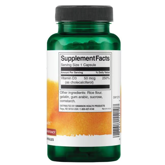 Swanson's Vitamin D3 2000 IU 250 Capsules come in a green bottle, promoting bone health and a strong immune system. The label shows supplement facts with ingredients like rice flour and gelatin.