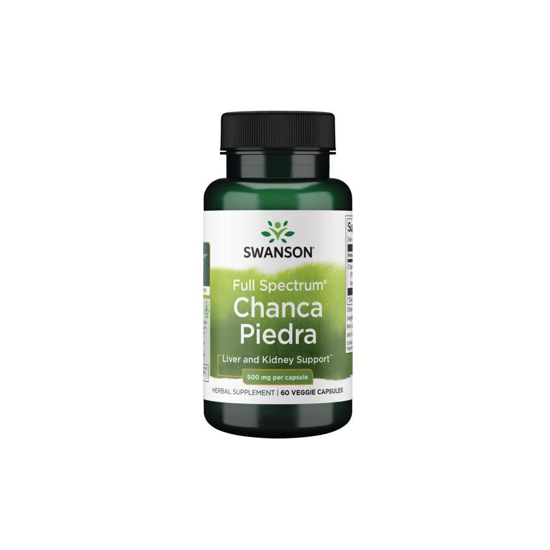 A vibrant green bottle of Swanson Chanca Piedra 500 mg, designed to support liver and kidney health, contains 60 veggie capsules to naturally enhance your wellness journey.