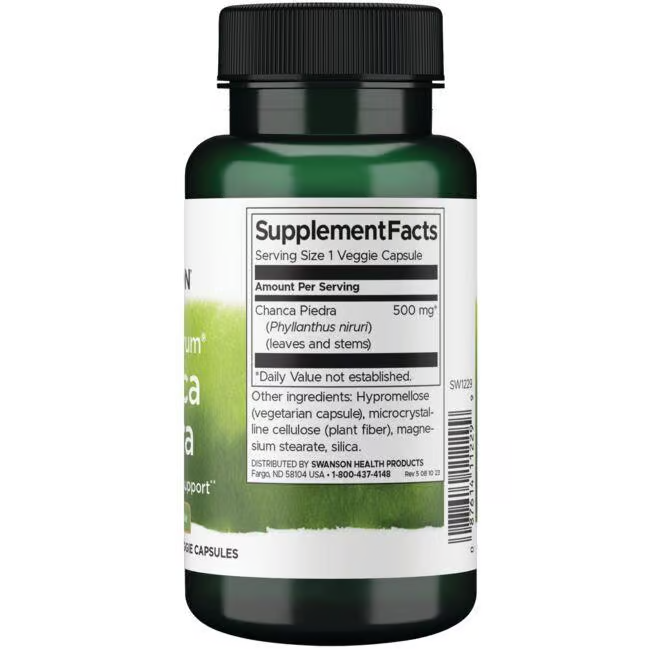 Swanson's Chanca Piedra 500 mg offers liver and kidney support with Phyllanthus niruri leaves and stems, available in a green bottle of 60 veggie capsules. The label includes other ingredients and distributor details.