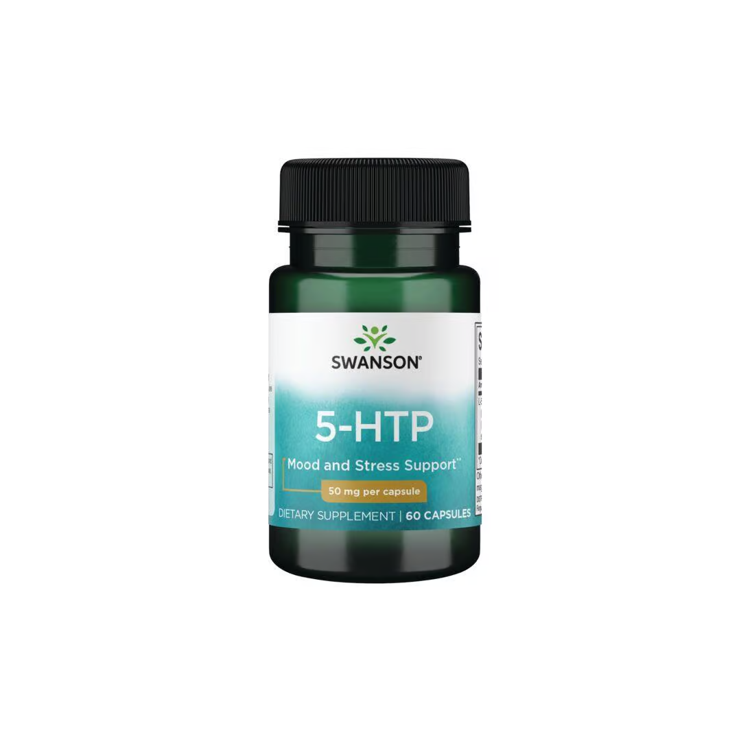 The Swanson 5-HTP Mood and Stress Support contains 60 capsules, each offering 50 mg of serotonin support from Griffonia simplicifolia for mood and stress relief.