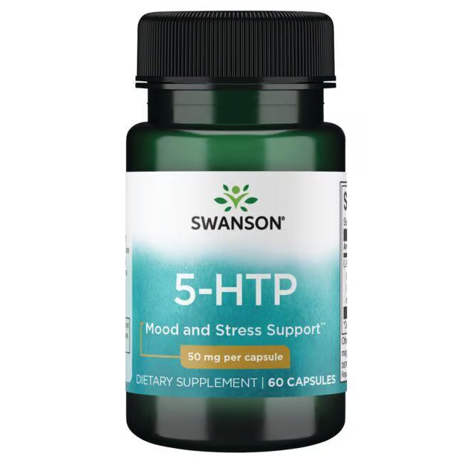 Swanson's 5-HTP Mood and Stress Support offers serotonin support with 60 capsules of 50 mg each, derived from Griffonia simplicifolia.