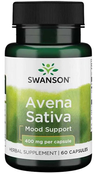 Um frasco de Swanson Avena Sativa - 400 mg 60 cápsulas de apoio ao humor.