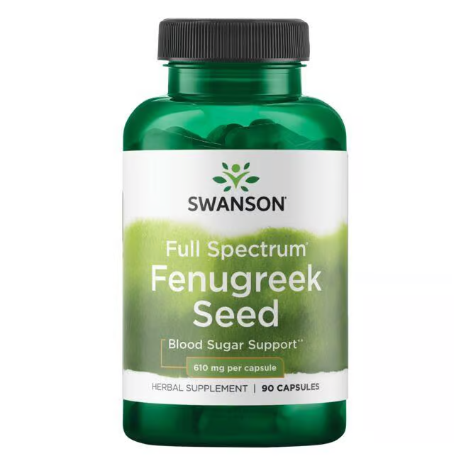 The Swanson Fenugreek Seed supplement offers 90 capsules, each with 610 mg of fenugreek, supporting blood sugar and hormonal health.