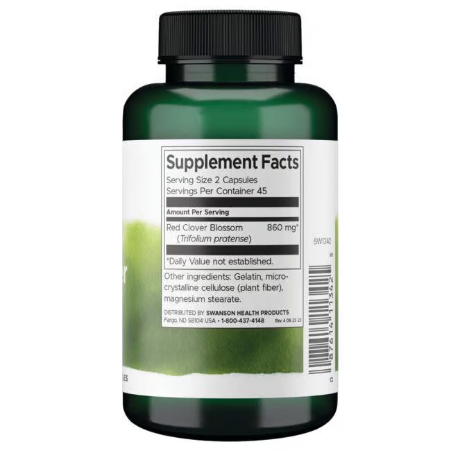 Green bottle of Full Spectrum Red Clover Blossom, 430 mg per capsule, known for menopause support with isoflavones. Contains 90 capsules for 45 servings (2 capsules per serving). Manufactured by Swanson Health Products.