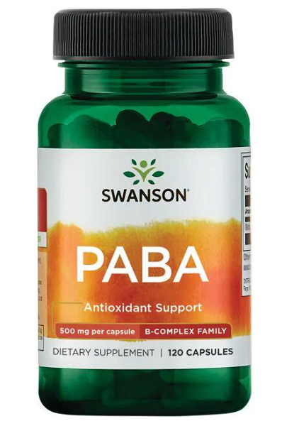 Um frasco de Swanson PABA - 500 mg 120 cápsulas, um suplemento antioxidante que apoia a saúde da pele e a formação de glóbulos vermelhos.